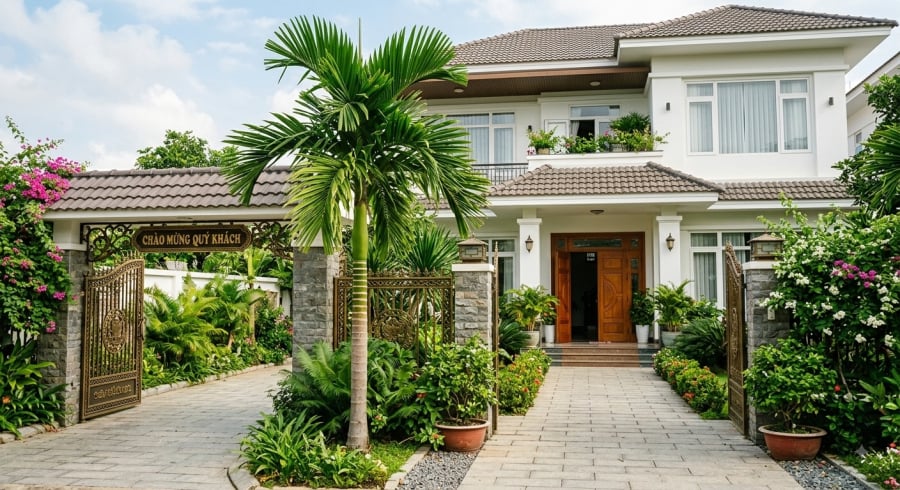 Nhiều gia đình chọn trồng cau trước cửa bởi dáng cây đẹp, gọn gàng và mang nhiều ý nghĩa tốt đẹp trong quan niệm dân gian.