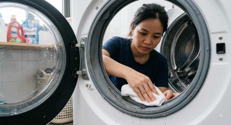 Gioăng cao su quanh cửa cần được vệ sinh thường xuyên để hạn chế cặn bẩn và mùi ẩm mốc.