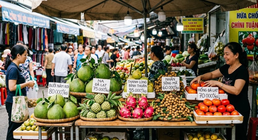 Nhiều loại trái cây đang vào mùa, được bày bán phổ biến tại các khu chợ giữa tháng 8.