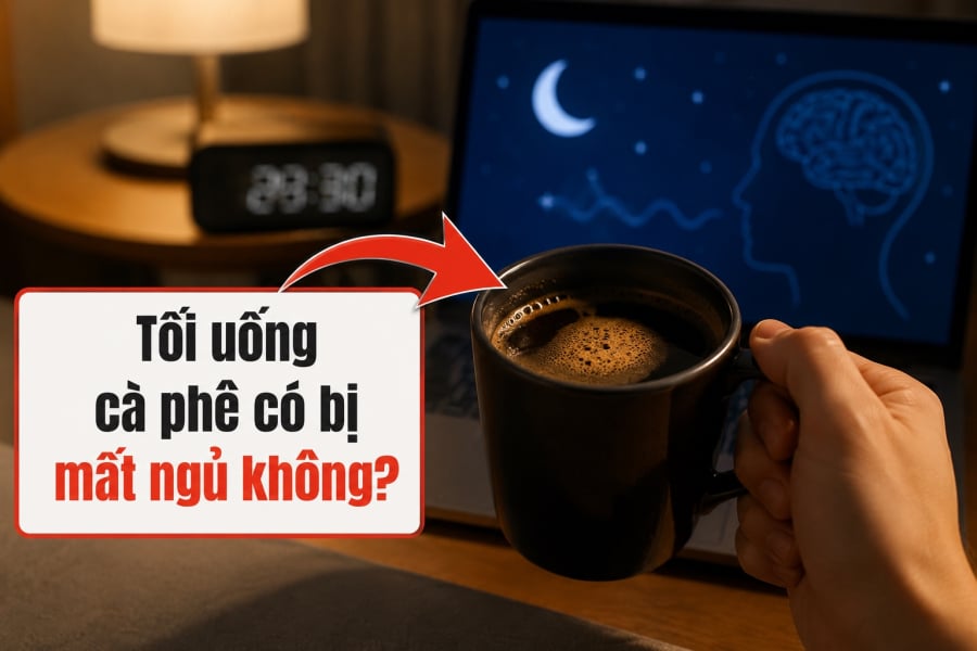 Tạo ảnh hình chữ nhật ảnh chân thật zoom cận cảnh không rõ người nhưng làm nổi bật được nội dung và có mũi tên chỉ vào nổi bật chữ sau: Tối uống cà phê có bị mất ngủ không?