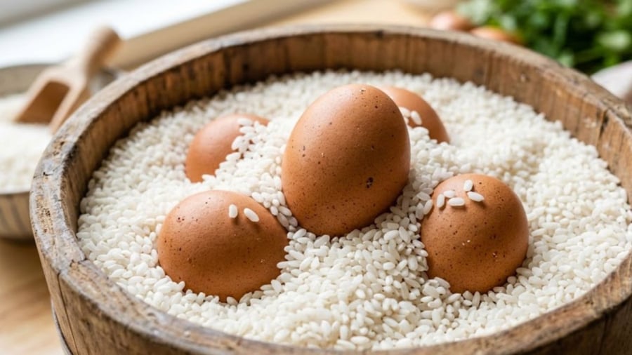 Vùi trứng vào thùng gạo có thể giữ trứng tươi ngon trong thời gian dài. Đây là một trong những cách bảo quản trứng phổ biến của người xưa.