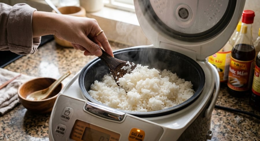 Để cơm nghỉ khoảng 5-10 phút sau khi chín rồi mới xới giúp hơi ẩm phân bố đều, hạt cơm ngon hơn.