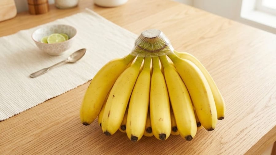 Bạn có thể dùng màng bọc thực phẩm, giấy bạc bọc kín phần cuống của nải chuối để hạn chế khí ethylene thoát ra ngoài, làm chậm quá trình chín của quả chuối.