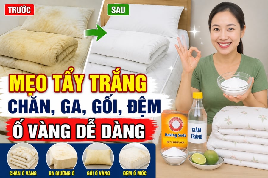 Với chăn, ga hoặc vỏ gối có thể giặt bằng máy, trước tiên hãy phủ một lớp baking soda mỏng lên vùng bị ố. Để khoảng 15-30 phút rồi phủi hoặc giũ nhẹ.