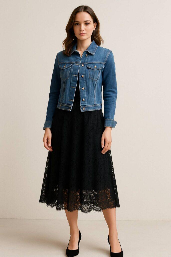 Chân váy ren kết hợp áo khoác denim giúp cân bằng vẻ mềm mại, tạo diện mạo trẻ trung và thanh lịch.