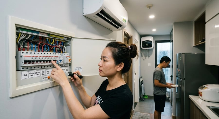 Khi aptomat vừa nhảy, nên tắt bớt thiết bị điện công suất lớn và tìm nguyên nhân trước khi đóng lại.