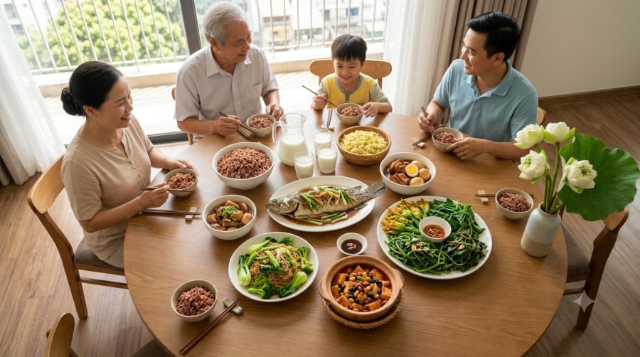 Một chế độ ăn đa dạng, đủ protein và rau xanh giúp bổ sung dưỡng chất cần thiết, đồng thời hỗ trợ duy trì khối cơ khi về già.