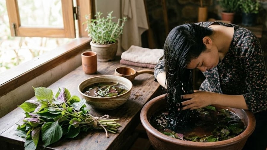 Gội đầu bằng nước lá tía tô là cách dễ thực hiện, ai cũng có thể áp dụng được.