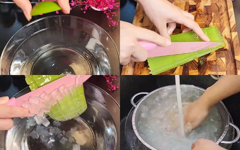 Cho nha đam đã cắt vào một chiếc bát lớn, thêm khoảng 1/2 thìa cà phê muối rồi nhẹ nhàng bóp trong khoảng 1-2 phút.