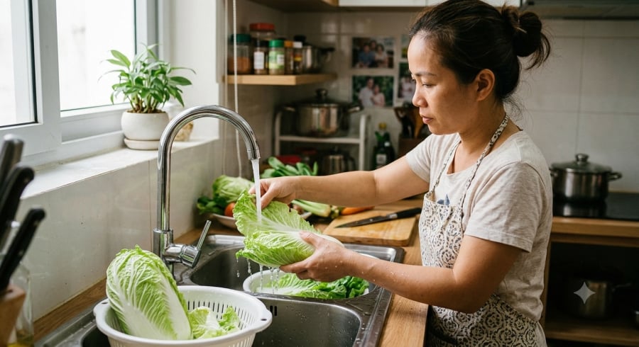 Tách từng bẹ và rửa kỹ rau dưới vòi nước chảy giúp làm sạch bụi bẩn, chất bám trên bề mặt nhưng không bảo đảm loại bỏ hoàn toàn hóa chất nếu thực phẩm đã bị xử lý trái phép.