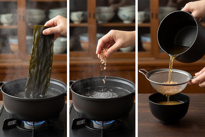 Nước dùng dashi truyền thống của Nhật thường được nấu từ rong biển kombu và cá bào, tạo vị umami đặc trưng.