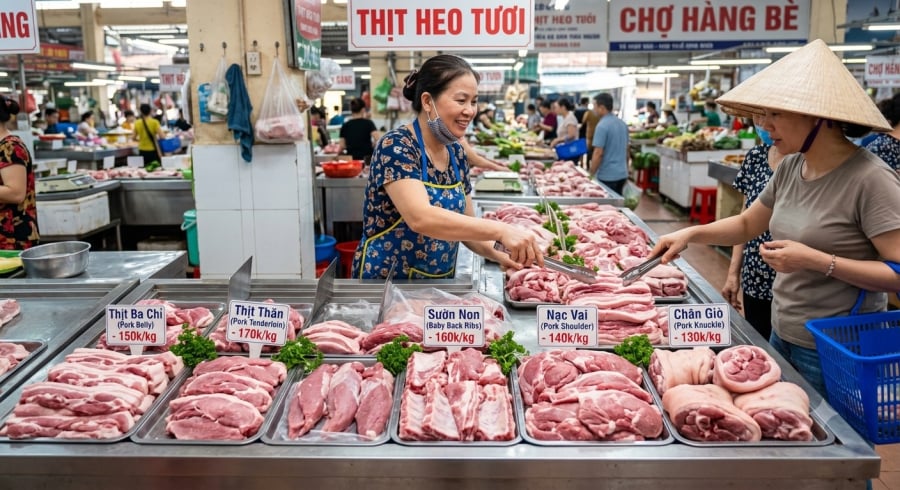 Thịt lợn nhập khẩu vào Việt Nam tăng mạnh trong 7 tháng đầu năm 2026, giá bình quân khoảng 43.000 đồng/kg.