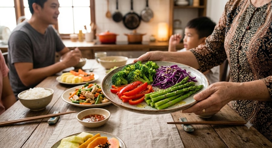 Ăn đa dạng rau củ và ưu tiên cách chế biến đơn giản là thói quen tốt cho sức khỏe lâu dài.