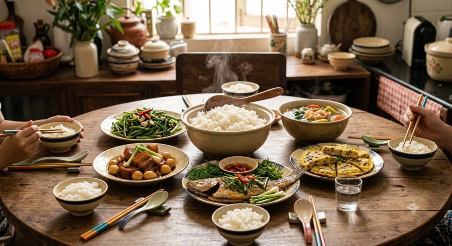 Một bữa cơm cân đối không nên chỉ tập trung vào cơm mà cần kết hợp đa dạng rau củ và thực phẩm giàu đạm.