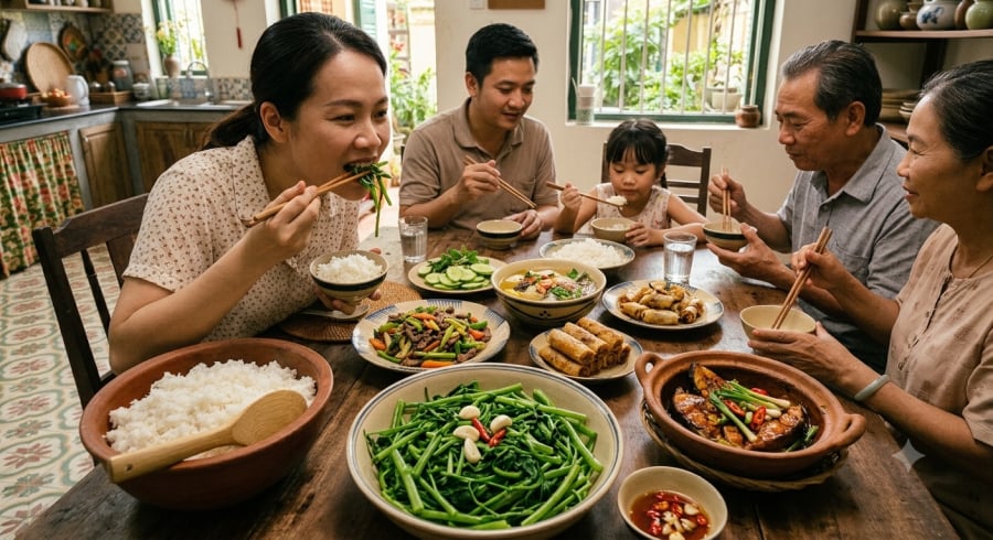 Ăn rau trước các món giàu carbohydrate như cơm có thể giúp mức đường huyết sau ăn tăng chậm hơn.