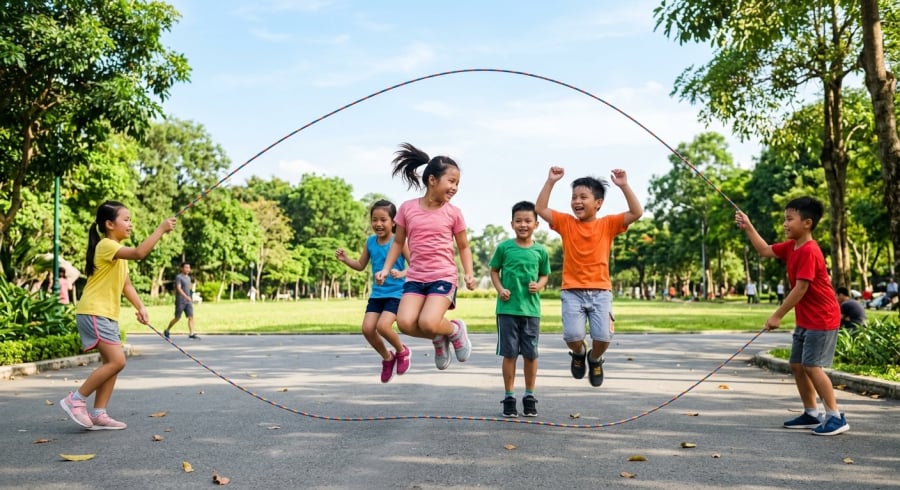 Nhảy dây là hoạt động đơn giản giúp trẻ tăng cường vận động và rèn sức bền.