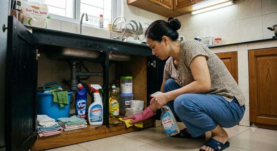 Dọn sạch thức ăn, rác và nguồn nước gần nơi gián xuất hiện là bước quan trọng để hạn chế chúng tiếp tục sinh sống.
