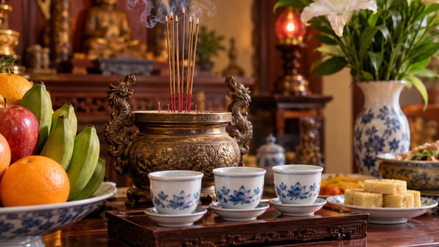 Theo phong tục Việt Nam, khi thắp hương luôn có nước