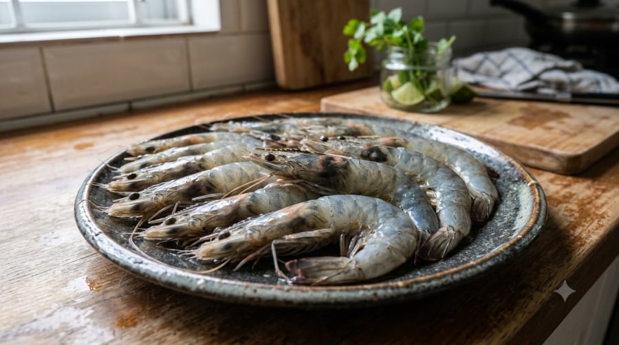 Những mảng sẫm màu trên đầu hoặc vỏ tôm chưa đủ để kết luận tôm đã hỏng.
