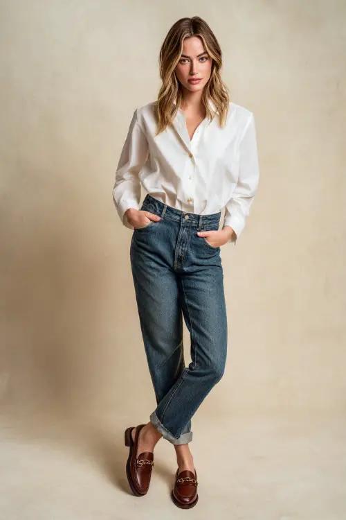 Quần jeans cạp cao kết hợp sơ mi trắng tạo tổng thể thanh lịch, trẻ trung, phù hợp với phong cách công sở hiện đại.