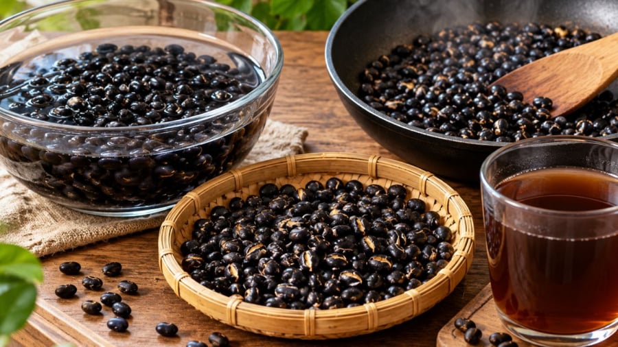 Ngâm và rang là bước quan trọng để nấu nước đậu đen chuẩn