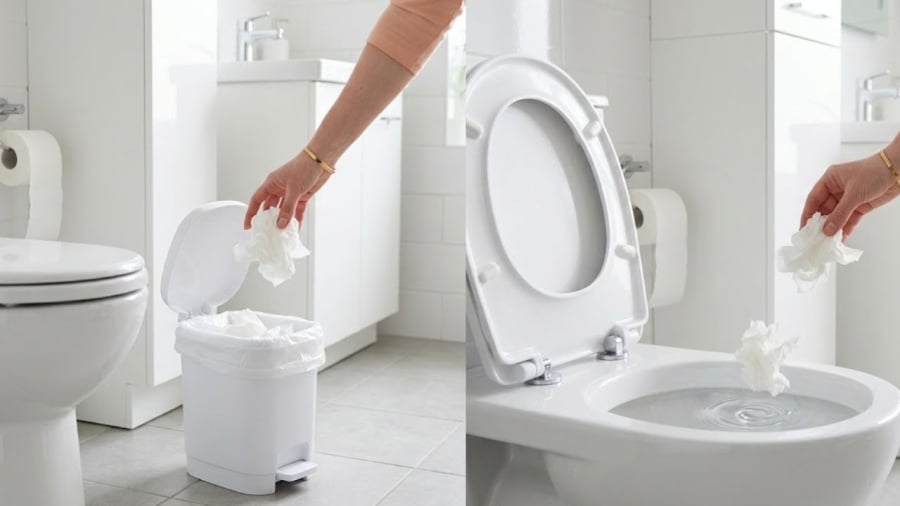 Việc bỏ giấy vệ sinh vào thùng rác hay bồn cầu sẽ tùy thuộc vào tình hình thực tế.