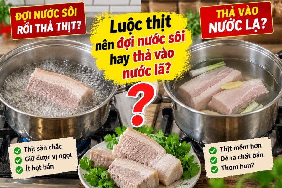 Bạn có thể cho thêm một ít hành tím, vài lát gừng hoặc hành lá để nước luộc thơm và giảm mùi đặc trưng của thịt. Khi thịt chín, không nên tiếp tục đun quá lâu bởi càng luộc lâu, miếng thịt càng dễ mất nước và trở nên khô.    