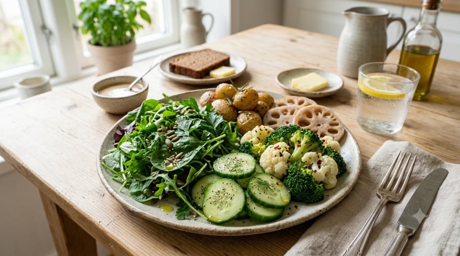 Ưu tiên rau ít tinh bột và cân đối lượng củ, cơm hoặc các nguồn carbohydrate trong cùng một bữa ăn giúp kiểm soát khẩu phần tốt hơn.