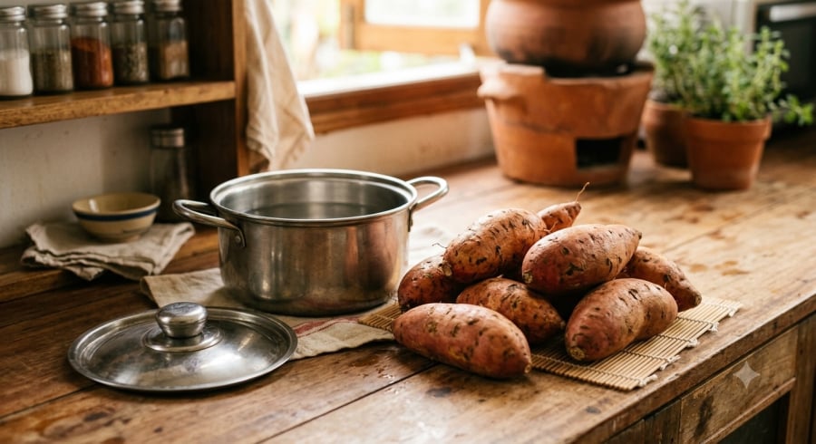 Chọn những củ khoai chắc tay, kích thước vừa phải để khi luộc chín đều và giữ được độ bở.