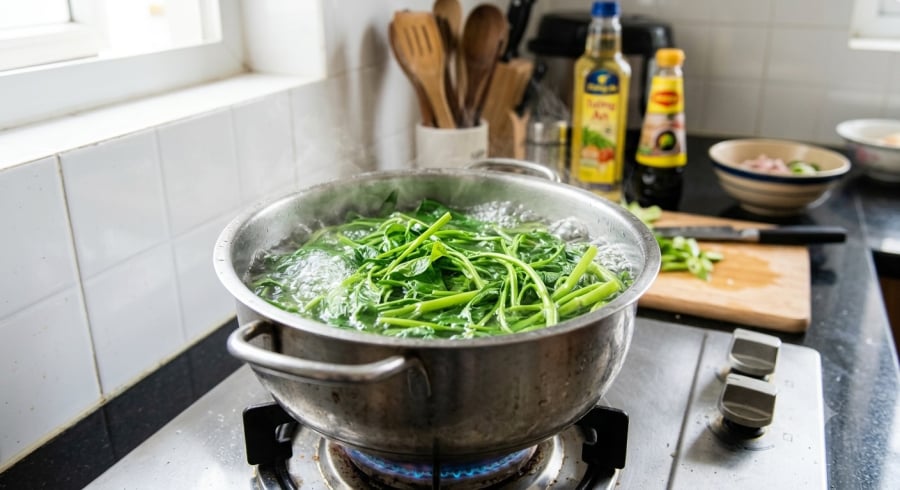 Cho rau vào khi nước đã sôi mạnh giúp rau chín nhanh và hạn chế bị đổi màu.