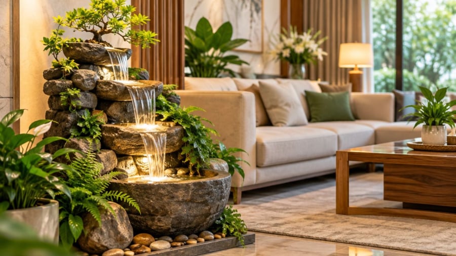 Thác nước trong phòng khách mang ý nghĩa phong thủy tốt lành