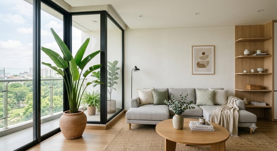 Đặt cây cảnh ở góc phòng khách hoặc gần cửa sổ vừa tạo điểm nhấn cho không gian vừa mang lại cảm giác gần gũi với thiên nhiên.