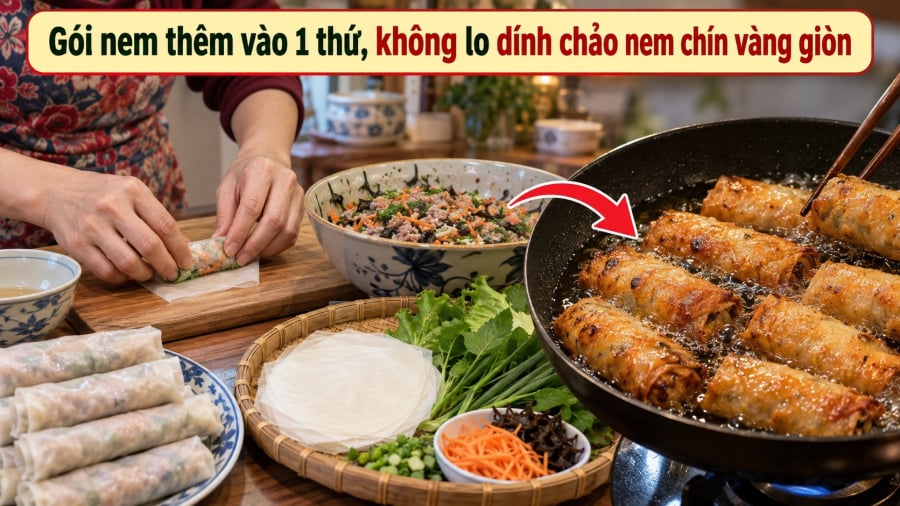 Nem rán muốn vàng đều, vỏ giòn lâu và không bị dính chảo tưởng đơn giản nhưng lại khiến nhiều người “đau đầu”. Có mẻ nem vừa cho vào dầu đã dính đáy, rách vỏ; có mẻ bên ngoài nhanh cháy nhưng bên trong chưa chín. Một mẹo nhỏ có thể áp dụng ngay từ lúc gói là thêm một chút giấm vào bát nước dùng để làm mềm bánh đa nem.    