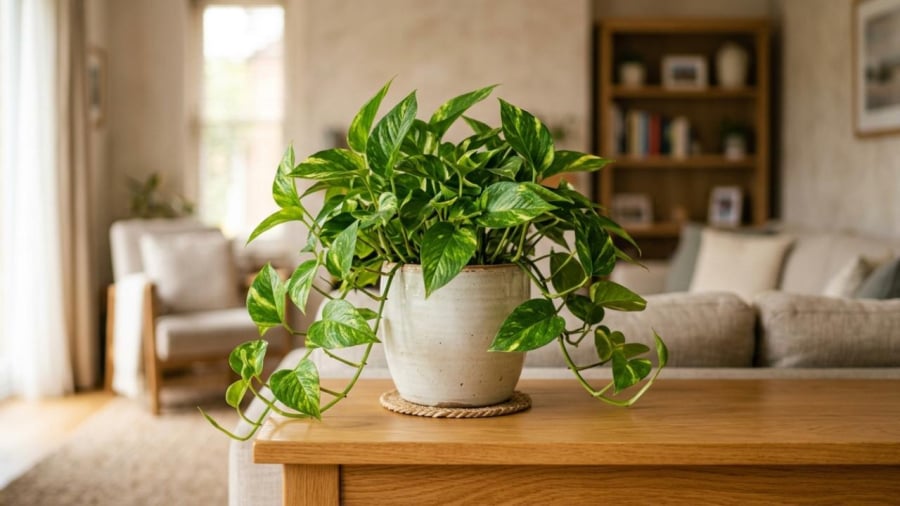 Cây trầu bà với những chiếc lá xanh nổi bật, dễ tạo điểm nhấn ở phòng khách, bàn làm việc hoặc các góc nhỏ trong nhà.