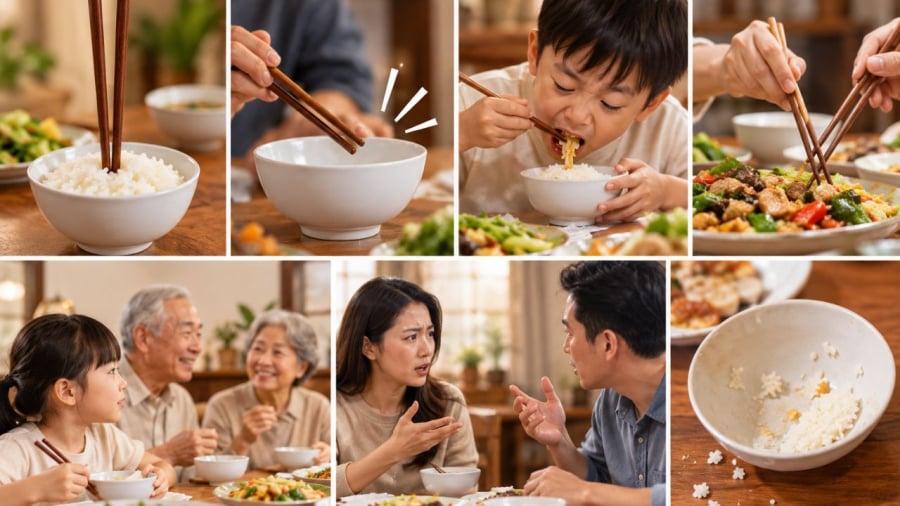 Biểu hiện trong bữa ăn được xem liên quan tới sự tu dưỡng nên người xưa rất tránh những điều này