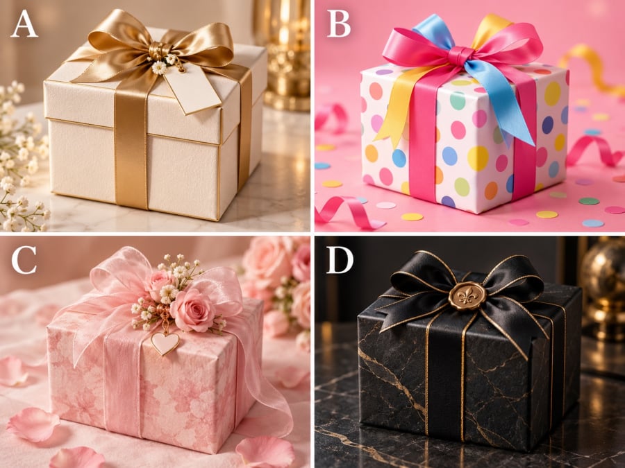 Hãy chọn một trong bốn hộp quà A, B, C hoặc D rồi xem kết quả phía dưới.    