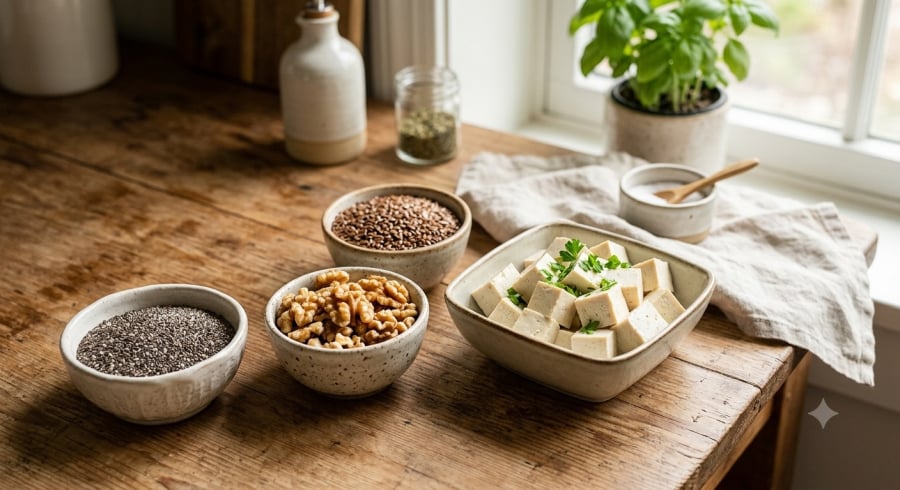 Hạt chia, óc chó, hạt lanh và đậu phụ đều có thể góp phần bổ sung omega-3 cho chế độ ăn.