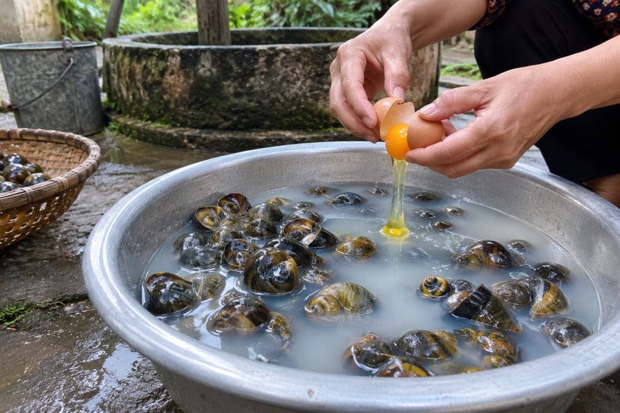 Một số nguyên liệu quen thuộc như nước vo gạo, ớt tươi hay vật dụng bằng kim loại có thể hỗ trợ quá trình làm sạch ốc trước khi chế biến.