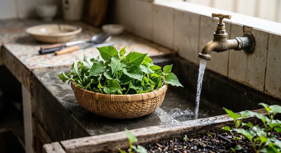 Diếp cá thường được ăn sống nên cần rửa kỹ dưới vòi nước sạch trước khi sử dụng.
