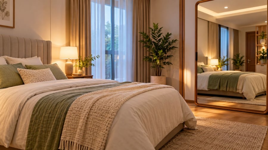 Gương  đối diện giường ngủ được cho là không tốt về phong thủy lẫn cảm giác nghỉ ngơi