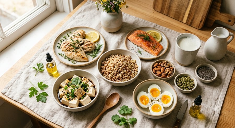 Cá, trứng, thịt gia cầm, sữa và đậu nành có thể được luân phiên trong thực đơn để bổ sung protein cùng nhiều dưỡng chất cần thiết.