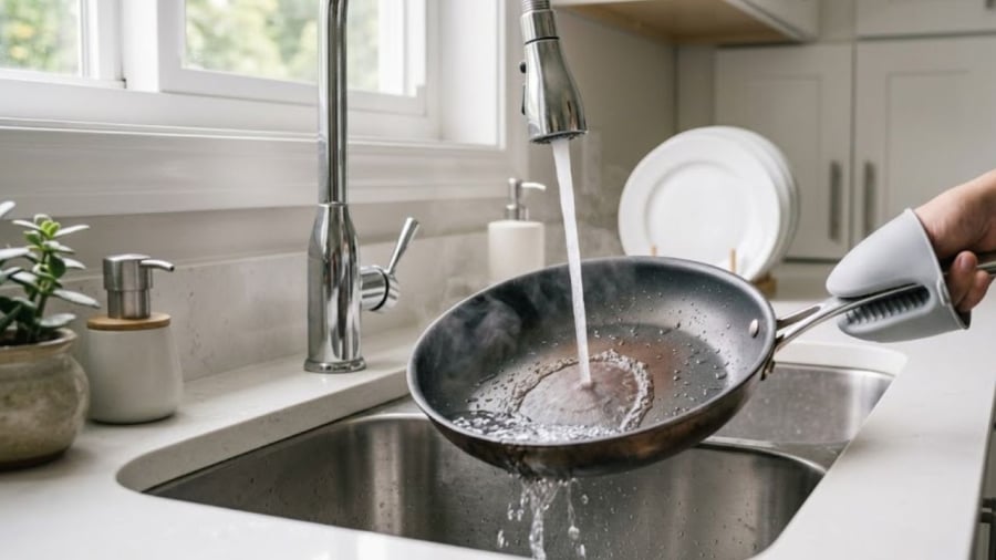 Xả nước lạnh vào chảo chống dính đang nóng cũng khiến tuổi thọ của chảo bị giảm.