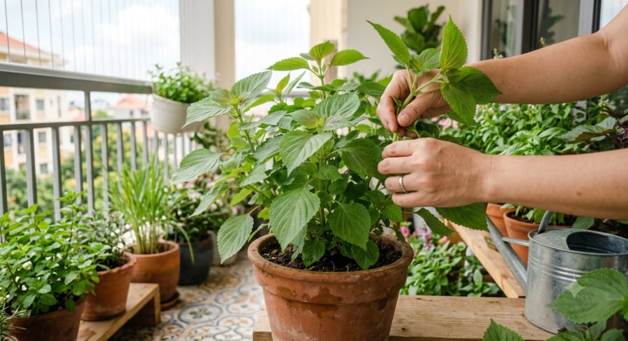 Tỉa cành và chừa lại phần gốc giúp cây tía tô tiếp tục phát triển, cho thu hoạch những lứa tiếp theo.