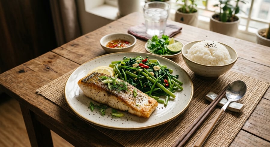Kết hợp protein, rau và lượng tinh bột phù hợp giúp bữa trưa cân bằng hơn.
