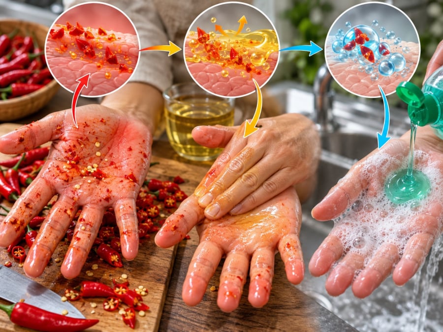 Dùng dầu thực vật hoặc dầu ô liu rồi rửa bằng nước xà phòng để hỗ trợ giảm rát do ớt.