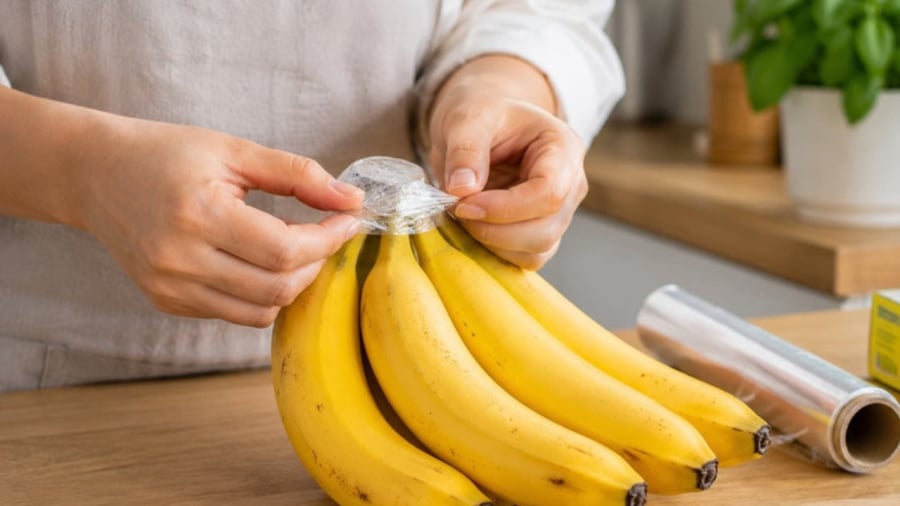 Bọc cuống chuối bằng màng bọc thực phẩm    