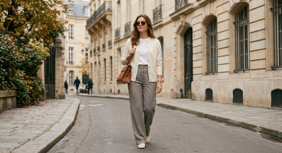 Cardigan trắng ngà phối quần âu xám taupe là công thức thanh lịch dành cho nàng công sở.