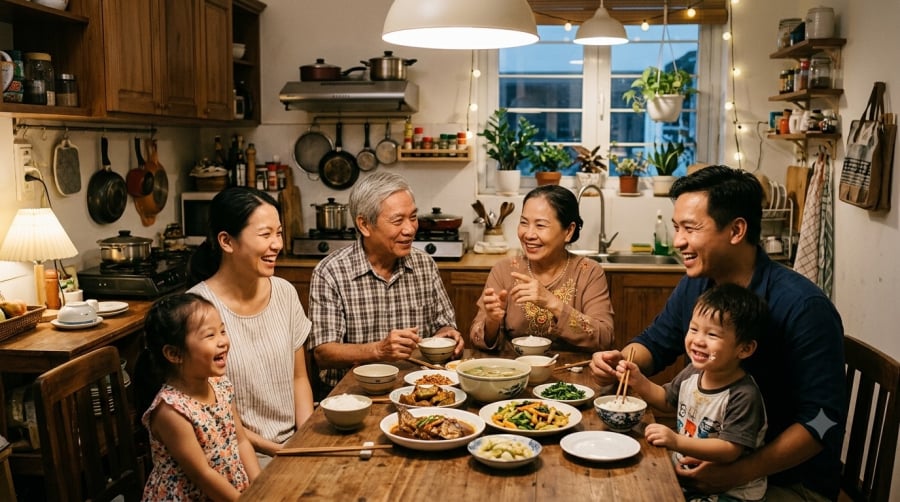 Những bữa cơm quây quần giúp các thành viên thêm gắn bó, để con trẻ cảm nhận được sự yêu thương và quan tâm từ gia đình.