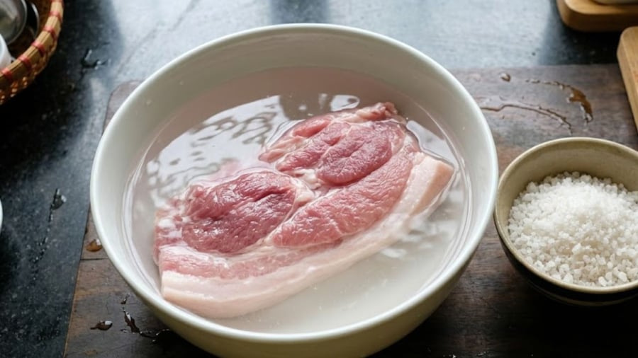 Ngâm thịt trong dung dịch nước muối với nồng độ phù hợp có tác dụng giữ nước trong từng thớ thịt. 