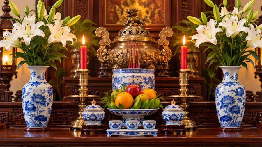 Sắp xếp đồ trang trí trên ban thờ thường theo quy luật đối xứng, còn đồ cúng lại tuân theo quy luật chẵn lẻ